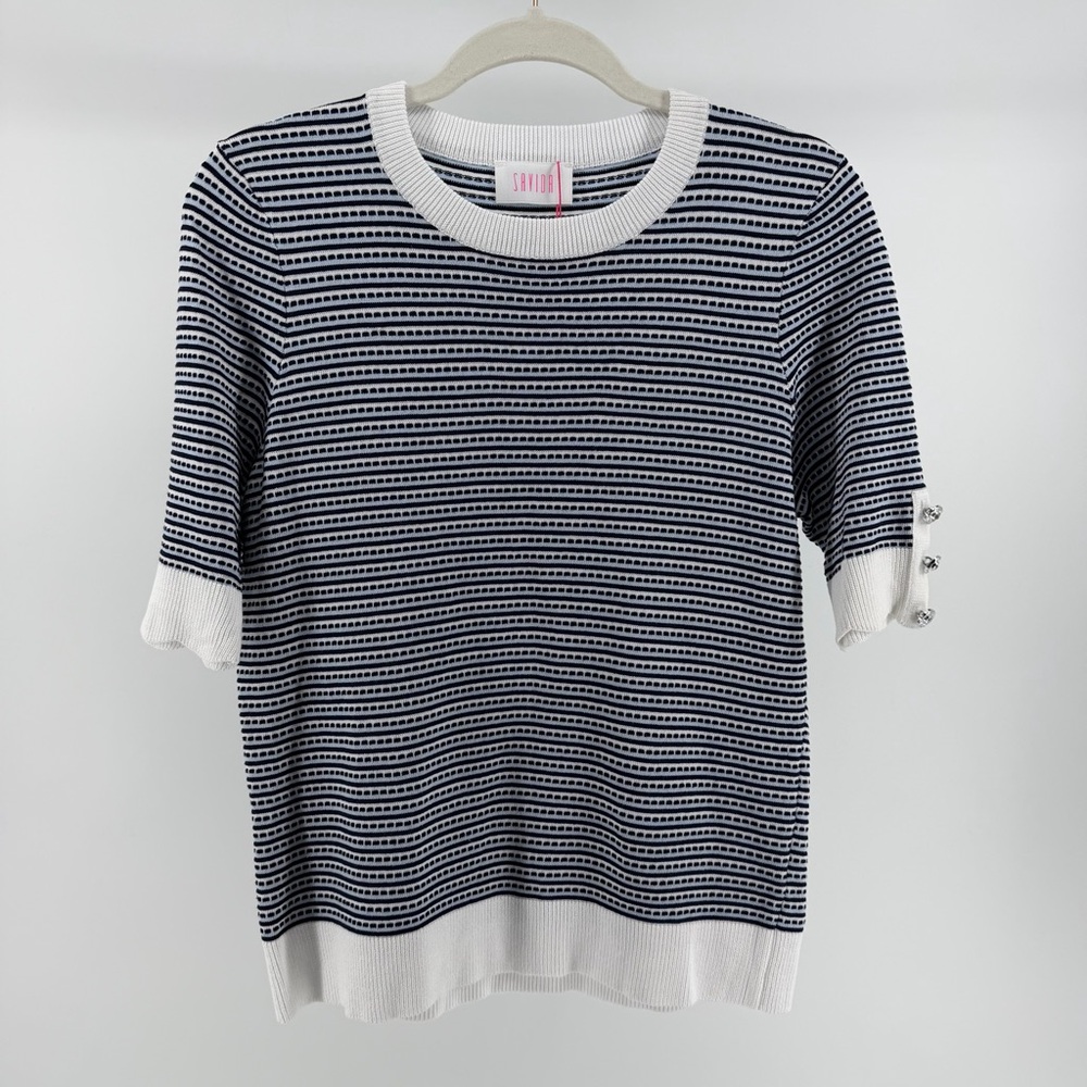 NWT Savida Blue White Striped Sweater Top, Rhinestone Buttons, Women's Large